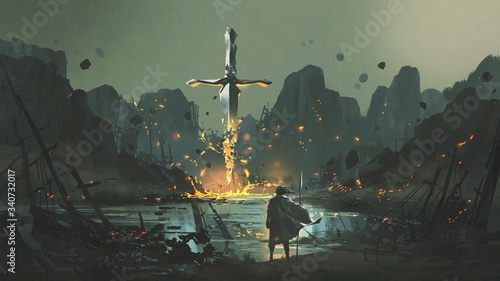 a warrior standing at the abandoned port and looking at the broken giant sword, digital art style, illustration painting