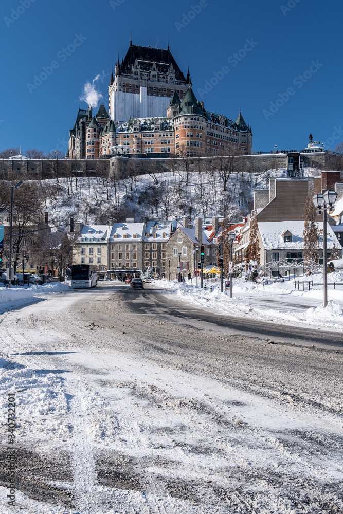Frontenac castle in Quebec city at winter time. View from the river