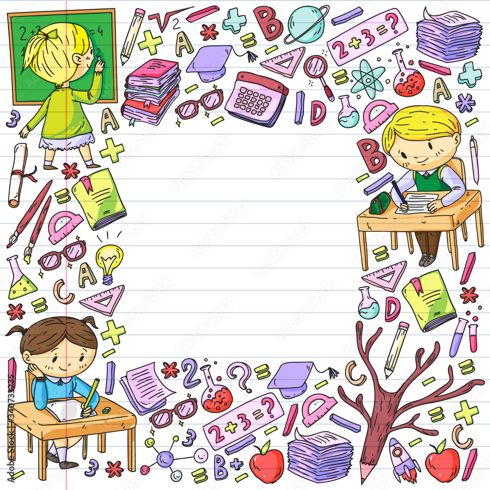 Obraz premium Back to school. Vector icons and elements for little children, college. Doodle style, kids drawing