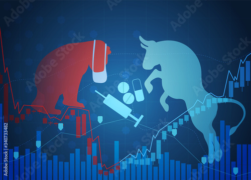 Stock market restores from novel coronavirus after implementation of vaccine and drugs, concept of economy healing and growth. Vector illustration.