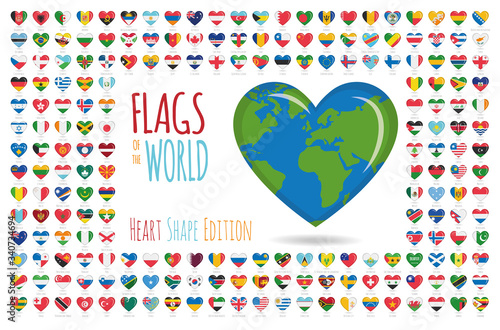 Set of 204 heart shaped flags of all the sovereing countries of the world. Icon set Vector Illustration.