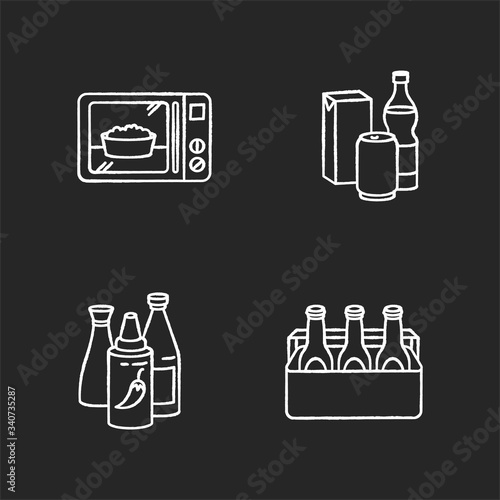 Food store products chalk white icons set on black background. Ready meal. Microwave popcorn. Different beverages. Hot sauce, ketchup in bottle. Alcohol drink. Isolated vector chalkboard illustrations