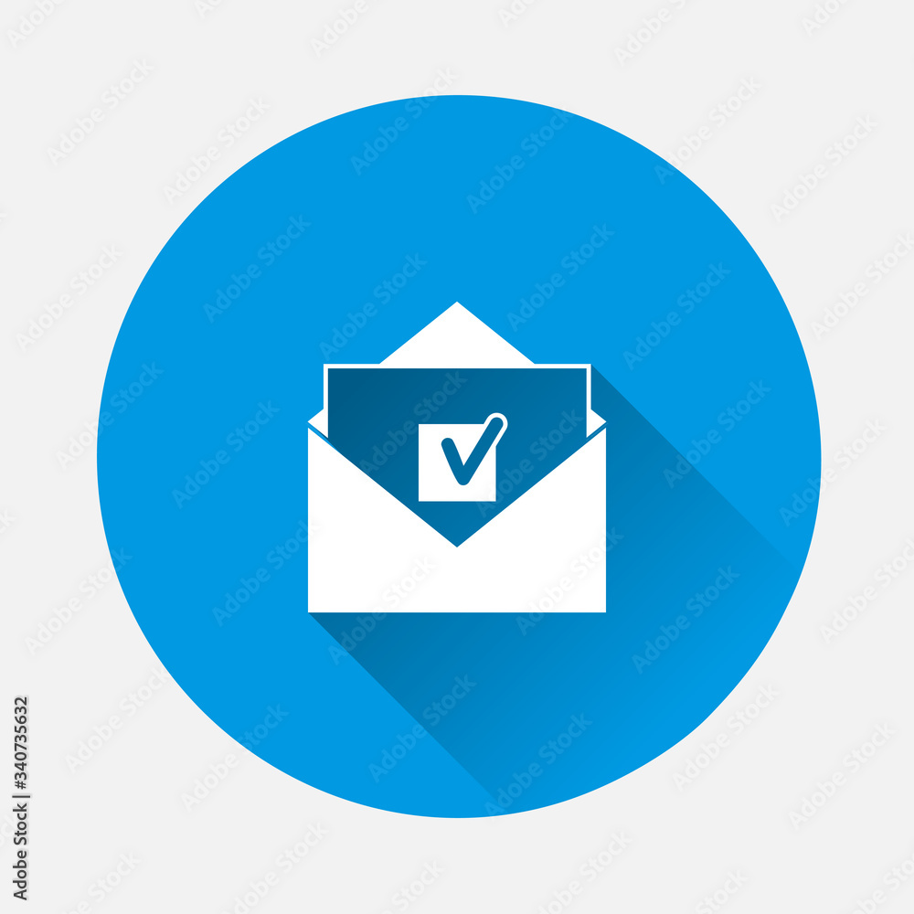 Mail vector icon on flat design. E-mail on blue background. Flat image with long shadow.