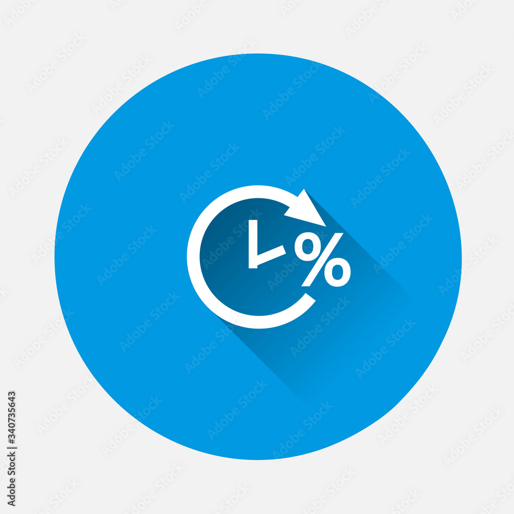 Vector clock icon and percent sign. Loan symbol icon on blue background. Flat image with long shadow. Vector clock icon and percent sign. Loan symbol icon on blue background. Flat image with long shadow.