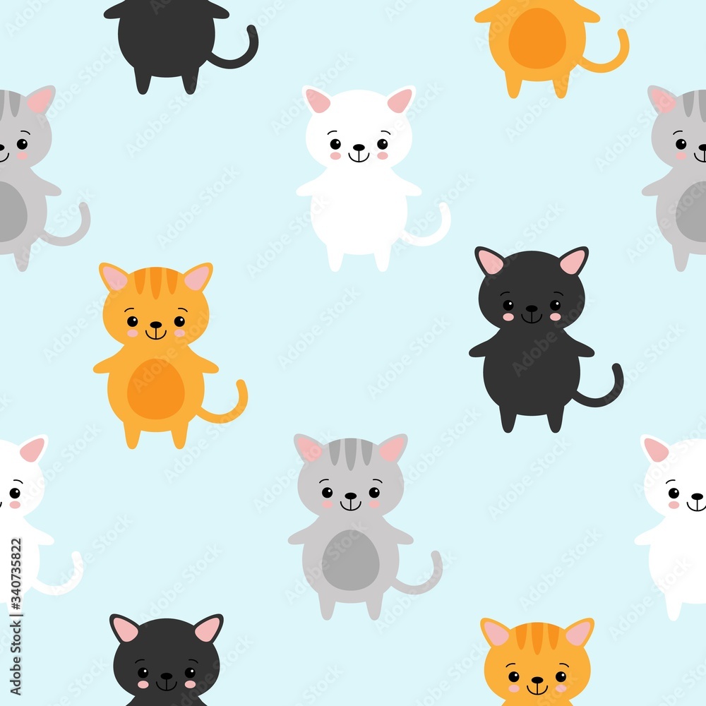 Funny cartoon cute red, orange, gray, white, black cats. Seamless pattern for children. Funny cartoon cute red, orange, gray, white, black cats. Seamless pattern for children.
