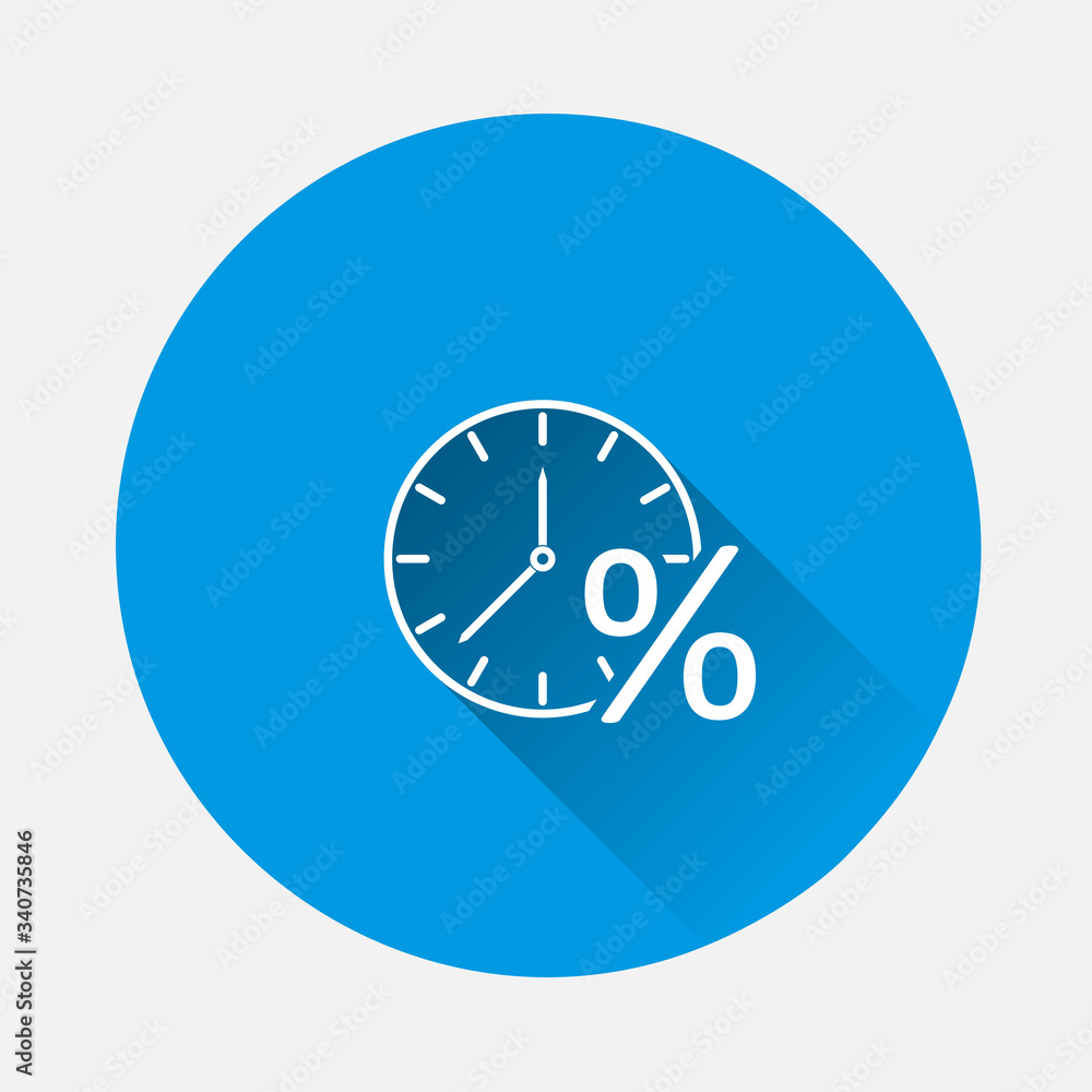 Vector clock icon and percent sign. Loan symbol icon on blue background. Flat image with long shadow. Vector clock icon and percent sign. Loan symbol icon on blue background. Flat image with long shadow.