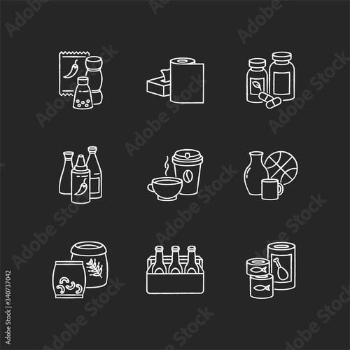 Groceries chalk white icons set on black background. Condiments for cooking. Paper products. Pharmaceutical pills. Hot sauce in bottle. Miscellaneous items. Isolated vector chalkboard illustrations