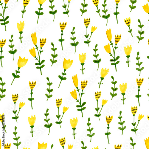 Tender hand drawn seamless pattern with yellow flowers and green branches. Marker / Watercolor illustration