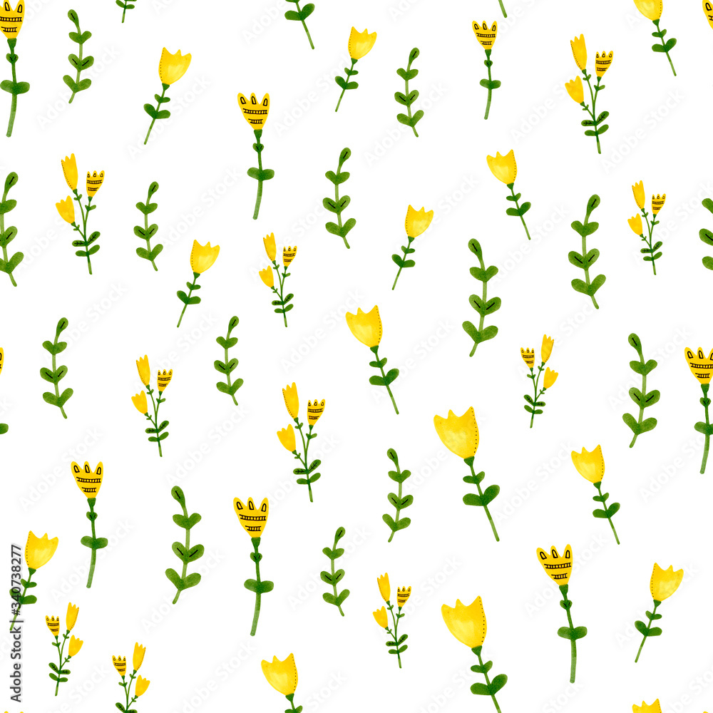 Hand drawn seamless pattern with wild yellow flowers and green leaves. Marker / Watercolor illustration