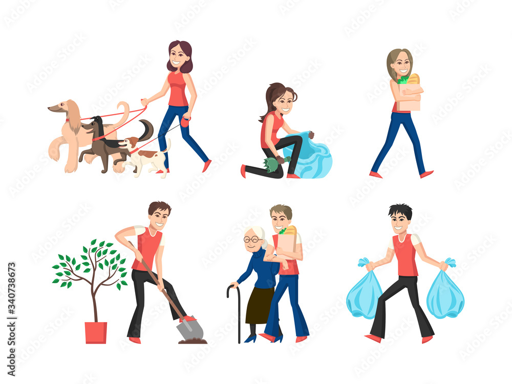The set of six cartoon volunteer characters. Young boys and girls helping nature, old-woman and animals. Flat style vector illustration isolated on white background.