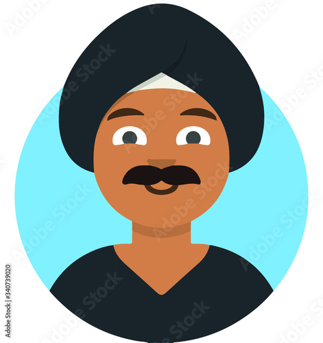  Islamic man in traditional arabic hat shemagh, khaliji or keffiyeh with mustache. Arab hat. Muslim hat. Arabic man. Arabian Turban. Hindu man. Human, flat vector illustration. Icon, character, eps.