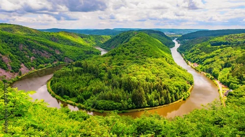 Timelapse, view of Saar loop (saarschleife) in germany near Orscholz.