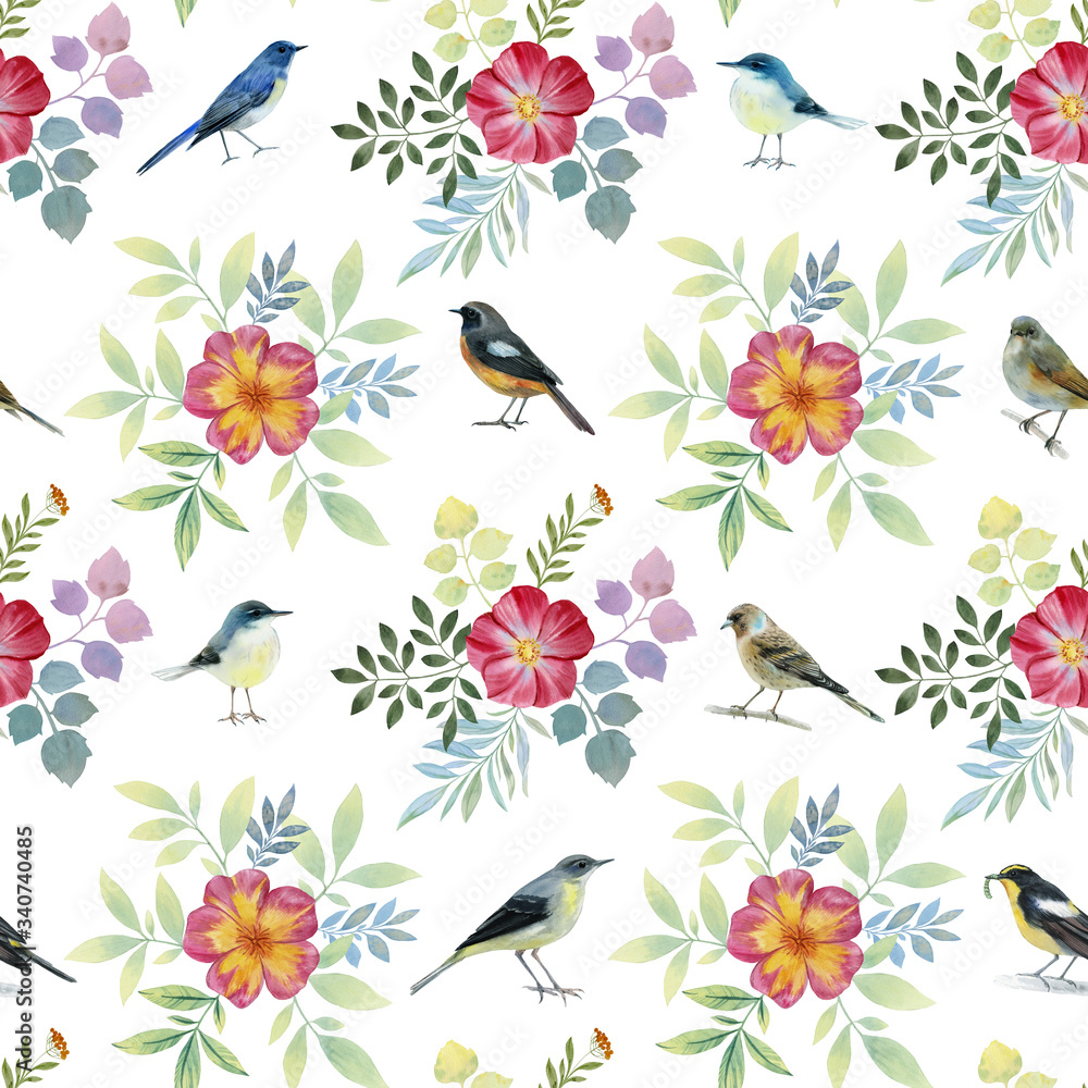 Seamless watercolor pattern. flowers and birds drawn for design. Floral arrangement with leaves and birds. Bright pattern for wallpaper, background, fabric, design.