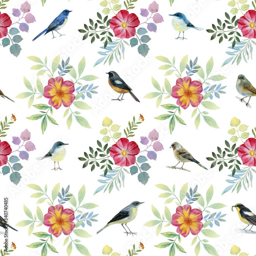 Seamless watercolor pattern. flowers and birds drawn for design. Floral arrangement with leaves and birds. Bright pattern for wallpaper, background, fabric, design. © Sergei