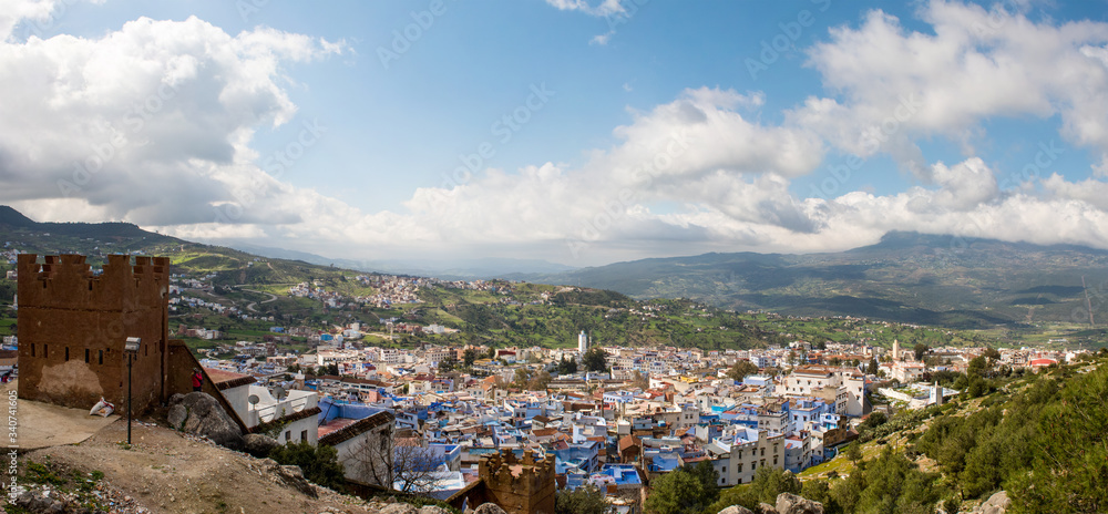 Blue town Chefchaouen Morocco. Aerial panoramic summer view