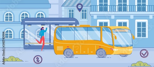 Woman Catch Up Yellow Bus at Public Transport Stop