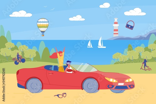 Happy Girlfriend and Boyfriend Enjoy Car Trip