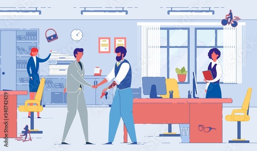 Man Handshaking Getting Key from Agent in Office