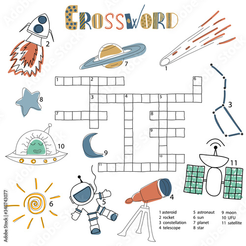 Crosswords puzzle game for preschool kids. Activity worksheet printable version. Vector hand drawn illustration. Kids activity sheet space doodle set