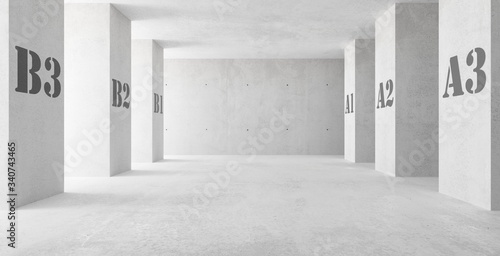 Fototapeta Naklejka Na Ścianę i Meble -  Abstract empty, modern concrete room with indirect lighting thru side pillars with numbers - industrial interior background template