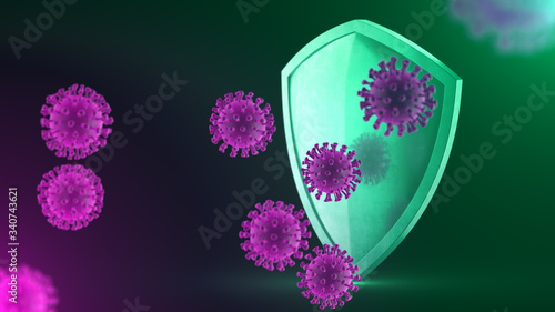 Security shield as virus protection concept. Coronavirus Sars-Cov-2 safety barrier. Shiny steel shield protecting against virus cells, source of covid-19 disease. Defense against bacteria