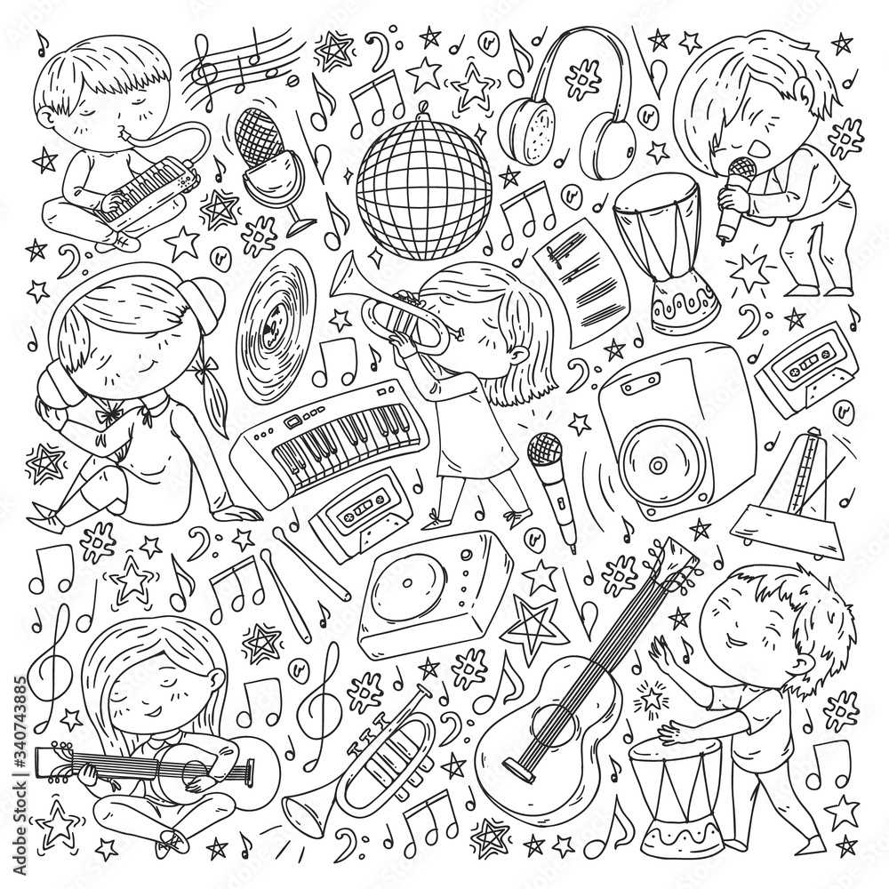 Obraz premium Children play music. Musical education, theatre, school.
