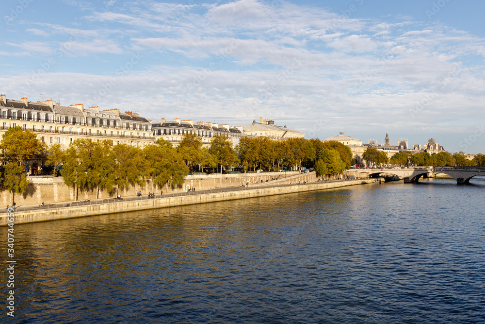 Apartment buildings in Paris, France along the Seine River