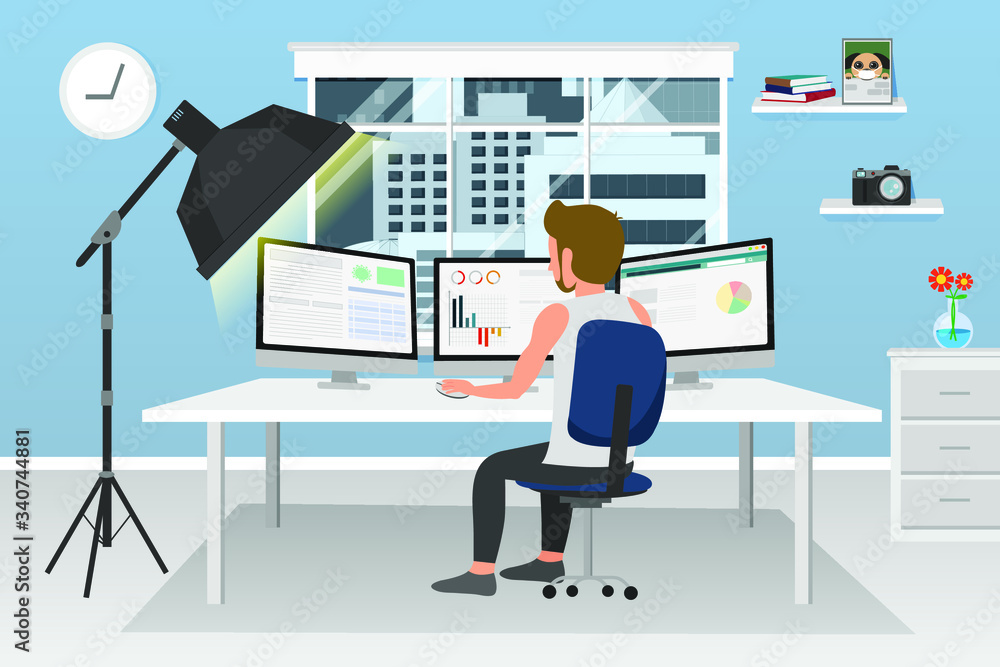 cartoon of a man is sitting to work from home in front of computer cartoon of a man is sitting to work from home in front of computer