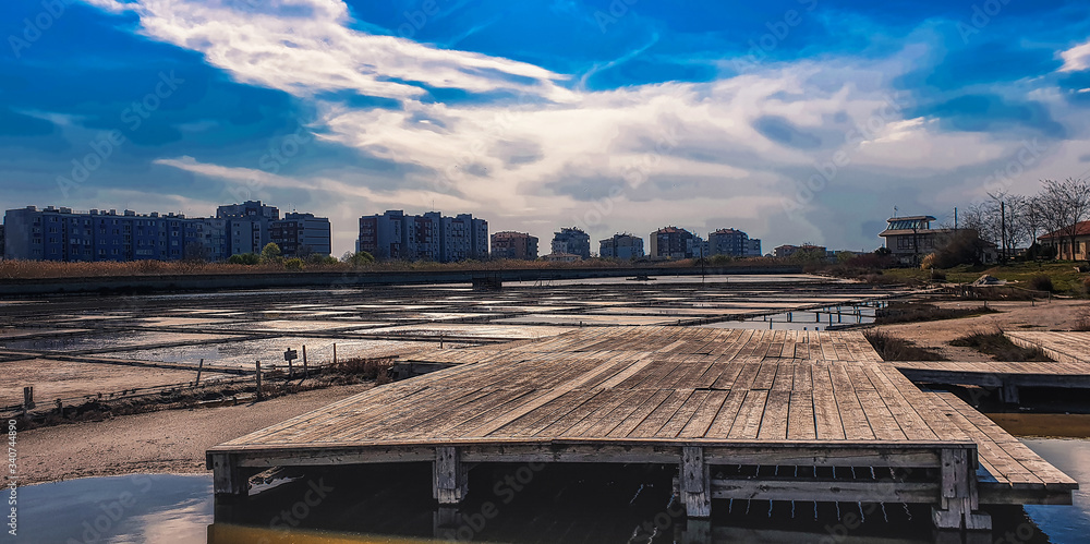 Panoramic view of the city and the alkali in Pomorie, Bulgaria