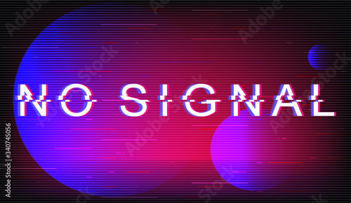 No signal glitch phrase. Retro futuristic style vector typography on purple background. Television connection error text with distortion TV screen effect. Video bad quality banner design with quote