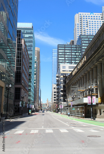 Nearly deserted Franklin Street in downtown Chicago during the Illinois shelter-in-place order