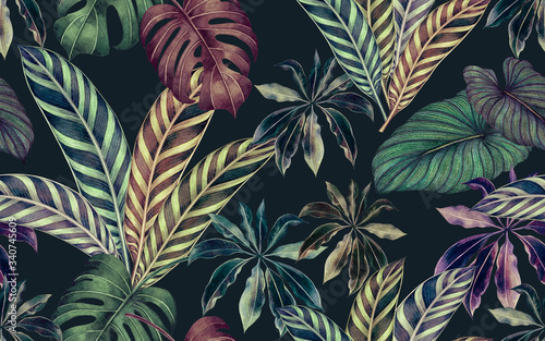 Watercolor painting colorful tropical leaf,green leave seamless pattern  dark background.Watercolor hand drawn illustration tropical exotic leaf prints for wallpaper,textile Hawaii aloha summer style