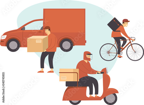 Courier deliver goods and food on a minivan car, scooter and bike to people during quarantine. 