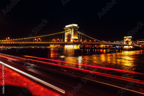 Budapest by night. Bridge over the Danube River in Budapest