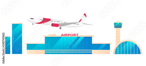 Airport flat color vector objects set. Control tower, terminal and airplane 2D isolated cartoon illustrations on white background. Commercial airway transportation, airline company service