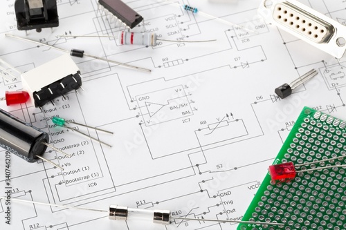 Different electronic parts or components on pcb wiring diagram with resistors, capacitors, diode and ic chips