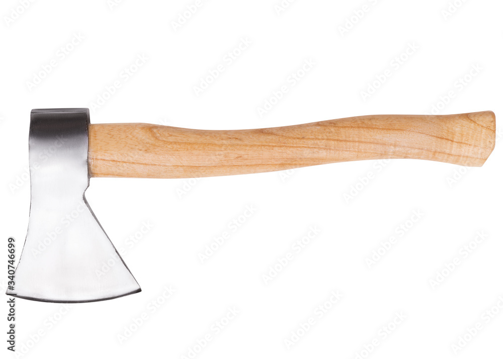 Ax with wooden handle isolated on a white background. Horizontal shot
