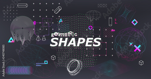Science fiction abstract elements set with 3D gradient shapes and glitched geometric figures. Cyberpunk retro futurism set, vaporwave. Digital memphis collection. Vector illustration photo
