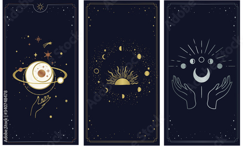 Tarot card gold with chen and pink. Magical occult tarot card set. Engraving vector illustration. Cards isolated on white background for poster, sticker, template.