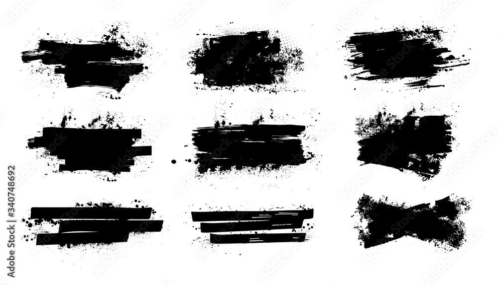 Splashes banners grunge for you design. Horizontal black splashes with drops blots. Isolated set dirty liquid, high quality manually traced. Vector banners template, dirty texture