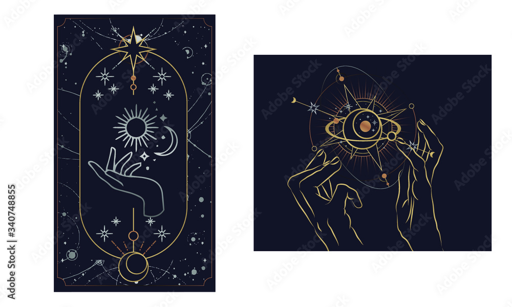 Tarot card gold with chen and pink. Magical occult tarot card set. Engraving vector illustration. Cards isolated on white background for poster, sticker, template.