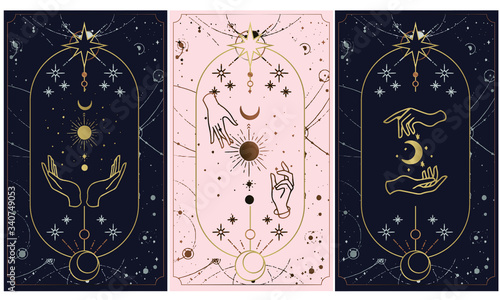 Tarot card gold with chen and pink. Magical occult tarot card set. Engraving vector illustration. Cards isolated on white background for poster, sticker, template.