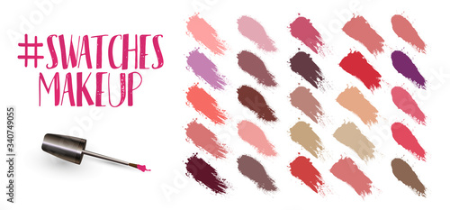 Swatches makeup set. Lipstick strokes for color presentation. Beauty cosmetic nude brush stains smear makeup lines set lipstick swatches texture. brush stroke texture. Vector collection