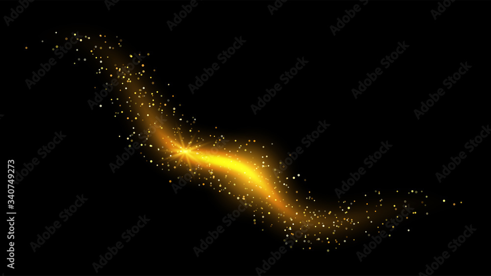 Fototapeta premium Golden abstract background with glitter waves. Vector golden sparkling comet tail on black background. Vector abstract shiny color sparkle wave design element with glitter effect on black backdrop.