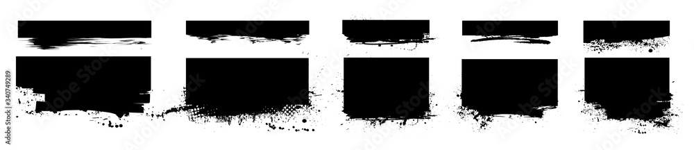Isolated set brushstroke with ink splashes. Dirty artistic design element, box, ink background for text. Black ink splatter, dirty stains with drops, silhouette dirty grunge effect. Vector collection