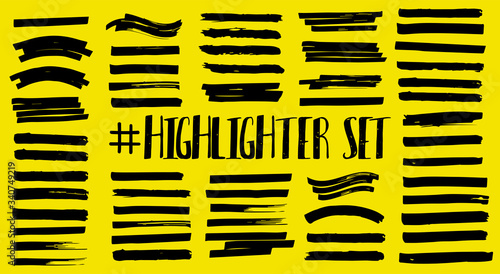 Lines for underlining and highlighting text. Marker strips, color stroke, brush pen hand drawn underline. Yellow watercolor on black background. Hand drawn highlight set. Vector marker lines set
