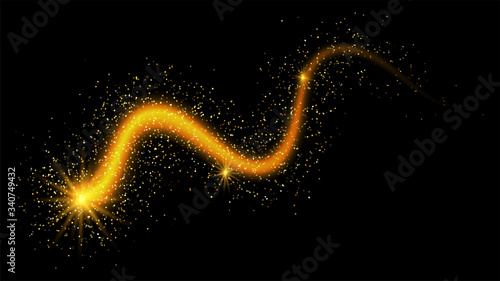 Golden abstract background with glitter waves. Vector golden sparkling comet tail on black background. Vector abstract shiny color sparkle wave design element with glitter effect on black backdrop.