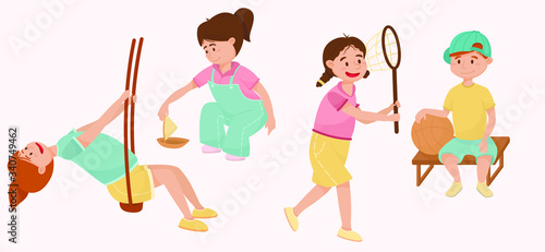 Set of four cartoon children playing. They are dressed in colorful clothes. Girl catches butterflies with a butterfly net. The boy holds a basketball ball and sits on a bench. A girl launches a toy bo