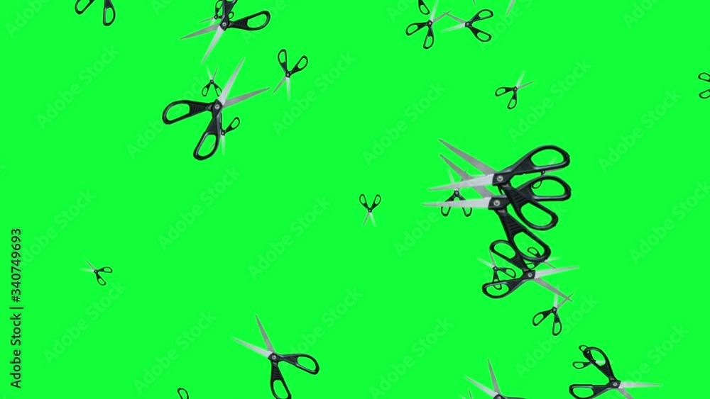 group of animated scissors elements seamless loop on green screen