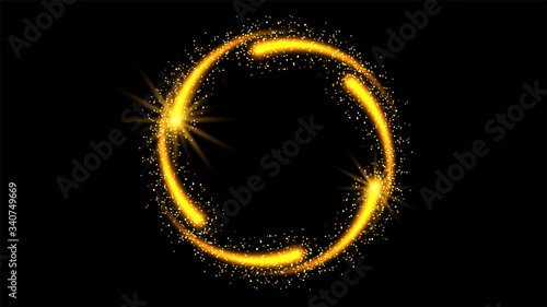 Vector abstract glitter ring fireworks with shiny color sparkle and gold stars on black background. Color golden glitter fireworks. Fire swirl golden ring for celebration on festive design.